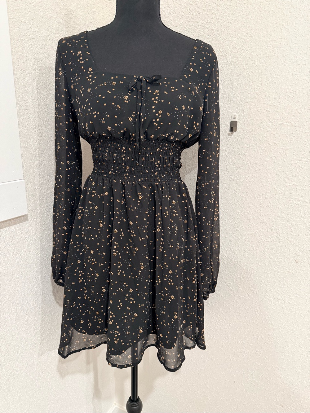 Aeropostale Black Long-Sleeve Mini Dress with Gold Star Print